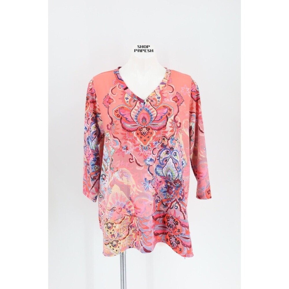 Soft Surroundings Women Size Large Peach Patterned 3/4 Sleeve V-Neck Top